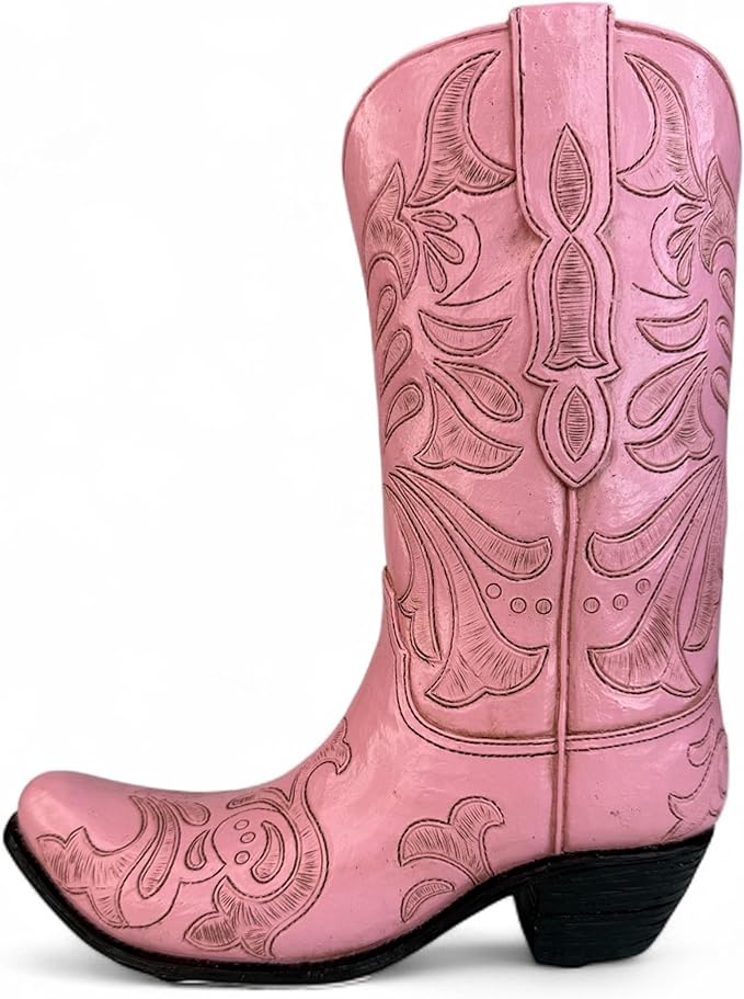 Top Brass Pink Cowboy Boot Vase – Tooled Leather Look Western Decor for Flowers/Stand Alone Accent – Resin Cowgirl Planter with Intricate Design & Protective Pads – Rustic Country Home Art, 10” Tall