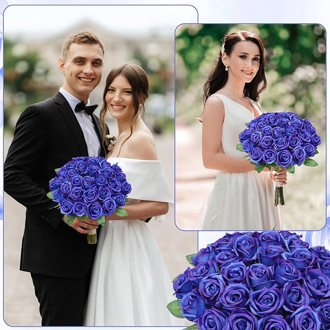 80 Pcs Roses Artificial Flowers,Silk Royal Blue Rose Artificial Flowers,Fake Blue Roses Petals Long Stem Roses for Wedding Bouquet Home Party Decor