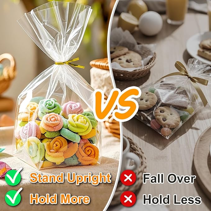 PigPotParty 6"x 9", 100Pcs Bottom Gusset Bags, Clear Plastic Cellophane Treat Goodie Bags with Ties for Party Favor, Candy, Cookie, Popcorn, Small Gift Wrapping (No Side Gusset)