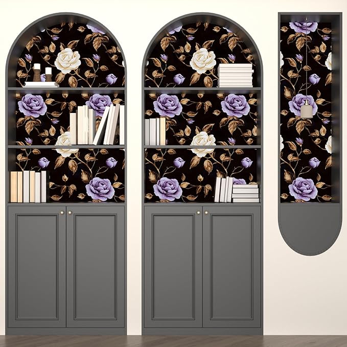 Golden Floral Wallpaper Peel and Stick Vintage Purple Gold Rose Contact Paper Self Adhesive Removable Retro Dark Flower Wall Mural for Bedroom Walls Shelves Cabinet Table Decor 17.5" x 118"