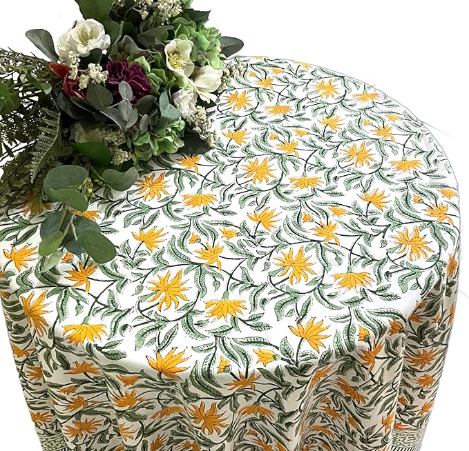 ATOSII Noor 100% Cotton Round Tablecloth, Handblock Print Floral Table Cloth for Kitchen Dining Linen I Parties, Weddings, Outdoors, Spring Summer Decor I 90" Inches Round