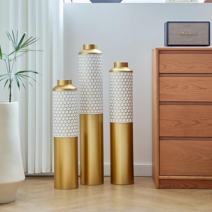 Floor Vases, Tall Home Decor Metal Vase Set of 3 Large Glazed Decorative Vases for Wedding Decor, Elegant Modern Flower Holder for Living Room, Entryway, Hallway, Dining Room