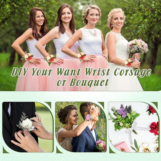 AHIER Corsage Wristlet Band, 162PCS DIY Wrist Corsage Kit with 6P Corsage Bracelet, Wire Cutter and Floral Wire, Green Floral Tape, Pin, Ribbon for Wedding Party Boutonniere Wrist Corsage Supplies