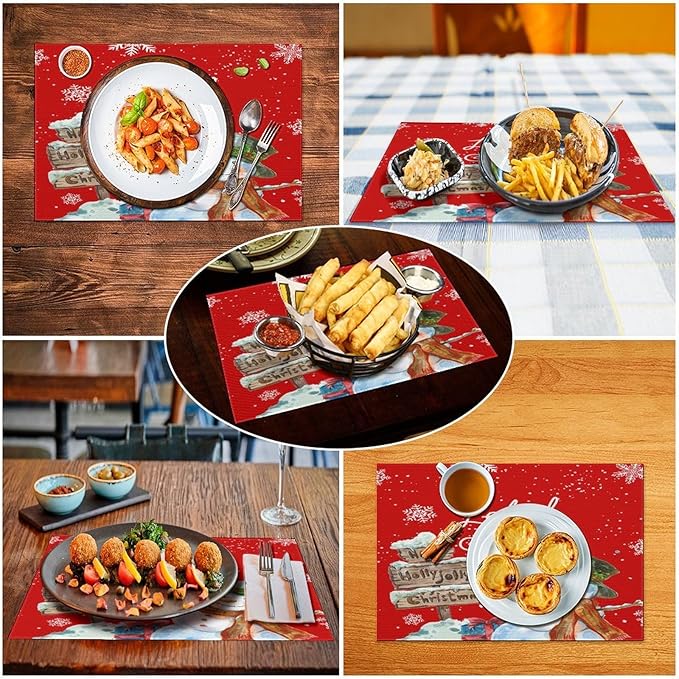 Santa Claus Placemats Red Country Farmhouse Winter Christmas Snowflake Cute Snowman Placemats Table Kitchen Dining Party 12x18 Inch Set of 4