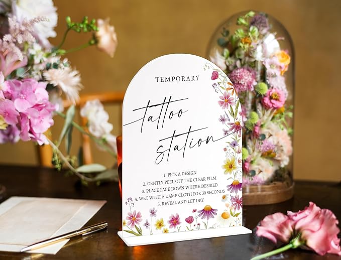 Temporary Tattoo Station Sign for Wedding Table Decor, Wild Flower Arch Acrylic Wedding Signs for Reception, Floral Bridal Shower Engagement Party Decorations for Love Is In Bloom