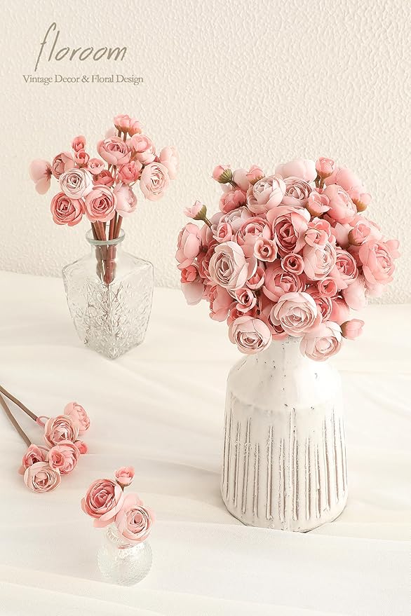 Floroom Ranunculus Artificial Flowers 18 Pcs Dusty Rose Faux Silk Mini Ranunculus Bulk Fake Wedding Filler Flowers for DIY Bouquets, Centerpieces, Bridal Shower Decorations & Arrangements