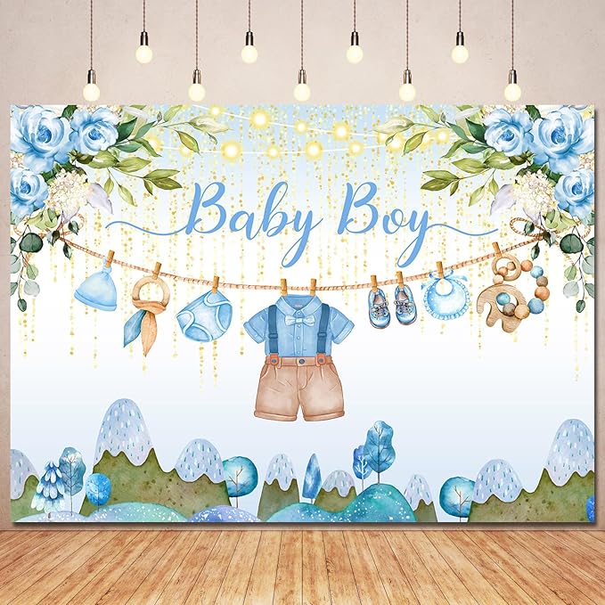 Blue Floral Baby Shower Backdrop Banner Decorations for Boy,Watercolor Flower Oh Baby Boy Outfit Backdrops Banner Photography Background for Baby Shower Party Supplies Photo Booth Props 7x5ft