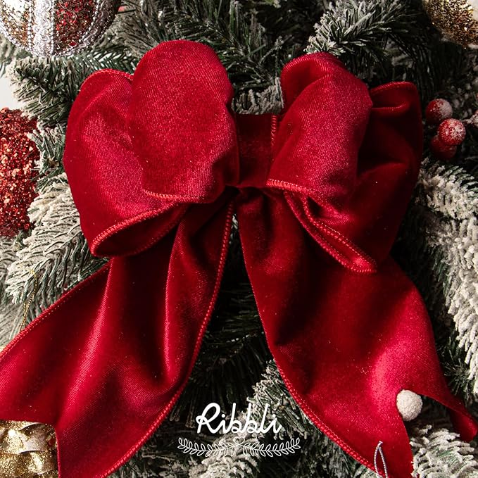 Ribbli Red Velvet Wired Ribbon 4 Inch Velvet with Satin Christmas Ribbon for Gift Wrapping Christmas Tree Decoration Crafts Wreaths Supplies-Continuous 10 Yards