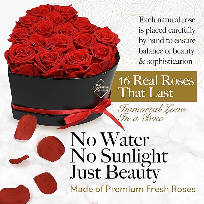 GLAMOUR BOUTIQUE 16 Flower Forever Heart Shape Box - Preserved Roses Gift for Her, Preserved Flowers, Red