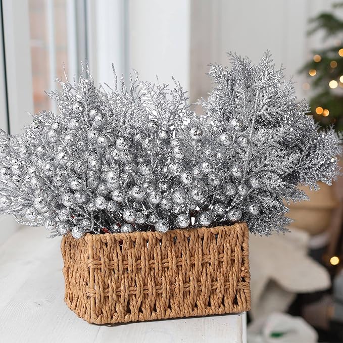 75 Pcs Christmas Glitter Branches 3 Styles Artificial Christmas Picks Berries Stems Pine Needles Floral Twig Spray for Xmas Tree Ornaments DIY Wreath Garland(Silver)