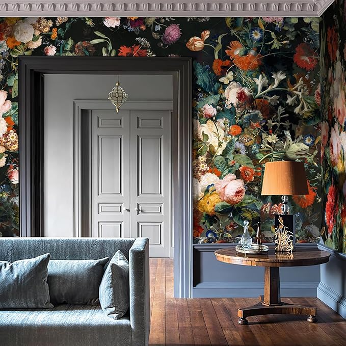 Zeeko Dark Floral Wallpaper Peel and Stick 148" W x 98" H Waterproof Canvas Fabric Vintage Moody Large Wall Mural Self Adhesive Removable Wall Paper for Bedroom Living Room Art Deco