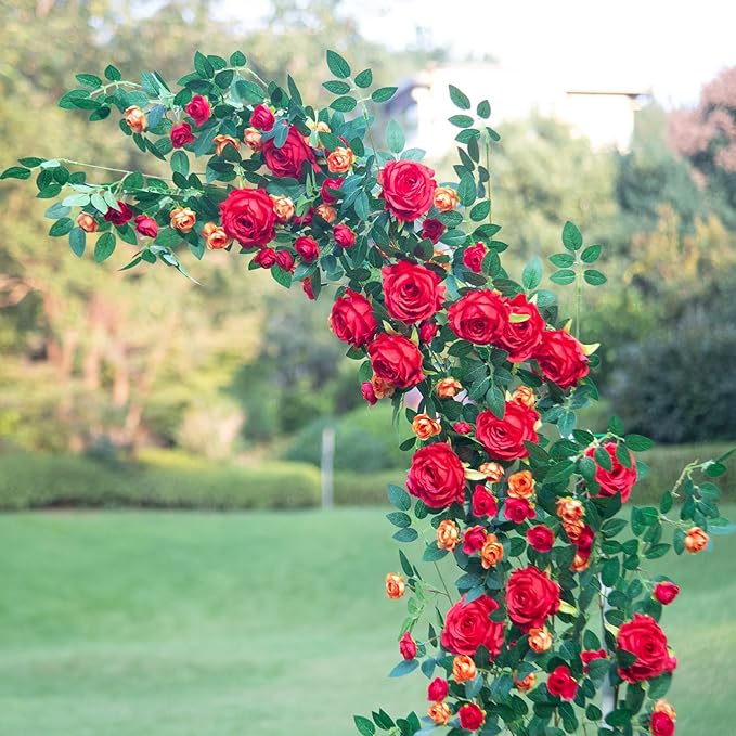 6FT Bendable Flower Garland, Artificial Rose Vine Hanging Floral Garland Decoration for Weding Home Room Wall Decor (Red, 2pcs)