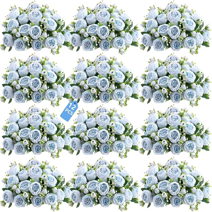 Peonies Artificial Flowers 12 Bundles Pink Flowers Bouquet, Lifelike Silk Fake Peonies with Stems for Home Table Centerpieces, Wedding, Party & DIY Bridal Floral Arrangements (Blue)