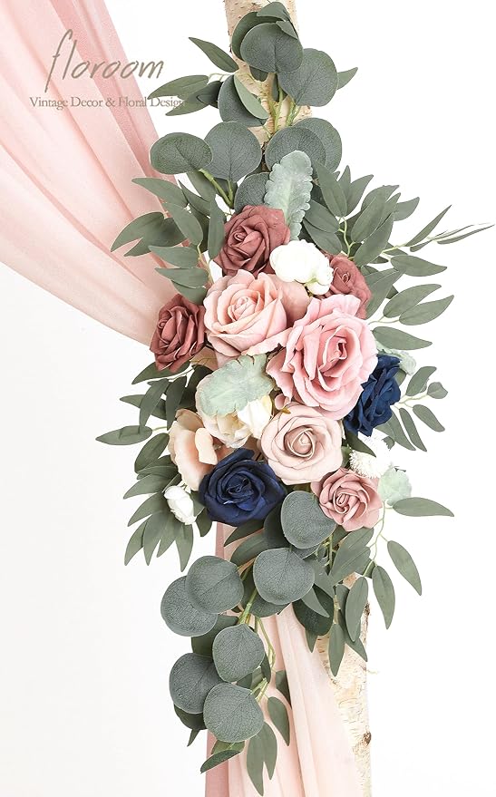 Floroom Arch Flowers with Drapes Kit (Pack of 4) - 2pcs Artificial Dusty Rose & Navy Blue Floral Swag Arrangement with 2pcs Draping Fabric for Wedding Ceremony Arbor and Reception Backdrop Decoration