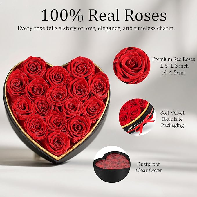 16 Preserved Roses in Heart Shape Gift Box for Her - Forever Flowers for Delivery, Eternal Rose Mothers Gifts for Mom, Wife Anniversary Birthday Gifts for Women, Red
