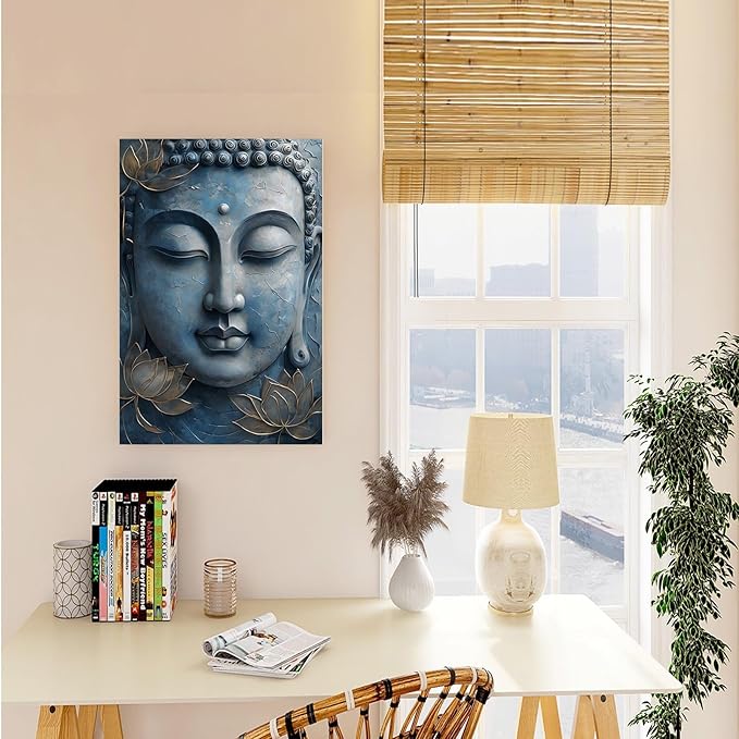 Canvas wall art Golden lotus crown Serene Buddha poster Ethereal blue toned art with delicate floral decor Zen wall art for a tranquil meditation space 8x12in Frameless