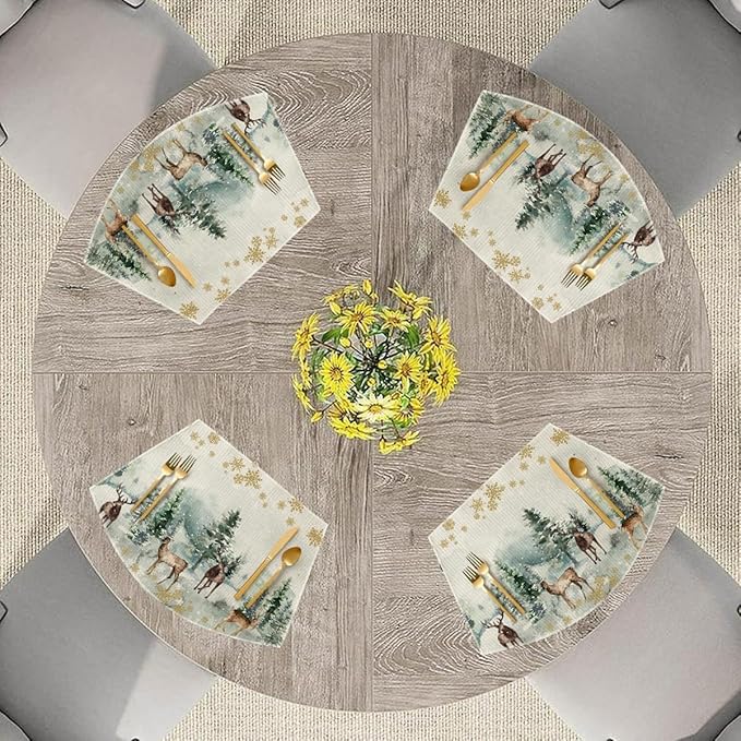 Artoid Mode Christmas Snowflakes Deers Wedge Placemats for Round Table Set of 4, Winter Seasonal Kitchen Dining Table Decoration for Indoor Party Home