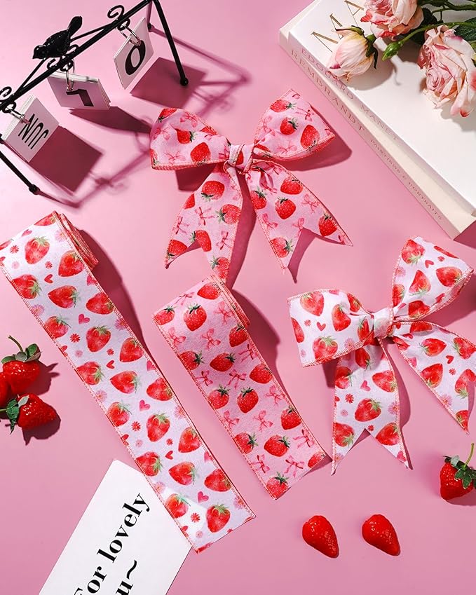 2 Roll 10 Yards Strawberry Wired Edge Ribbon 2.5 Inch Strawberry Bow Heart Daisy Fabric Ribbon Strawberry Gift Wrapping Ribbon for Crafts, Hair Bows, Wreath, Summer Party, Holiday Decor