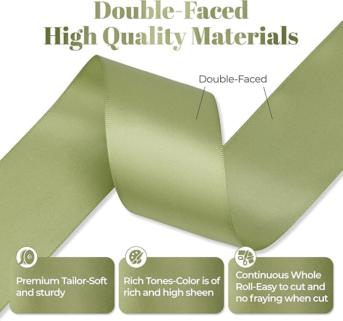 Moss Green Satin Ribbon, Double Faced 2 Inch X 25 Yards Moss Green Ribbon, Premium Satin Ribbon for Gift Wrapping, Crafts, Hair Bow Making, Sewing, Flower Bouquet, Wedding Party Decor