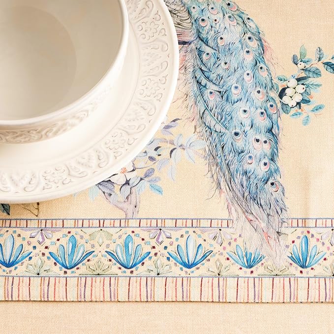 Maison d' Hermine Tablerunners 100% Combed Cotton Premium Table Runner Decorative Table Cover, Home, Kitchen & Camping, Peacock Utopia - Sandy Beach, Double Layer - (14.5"x72")