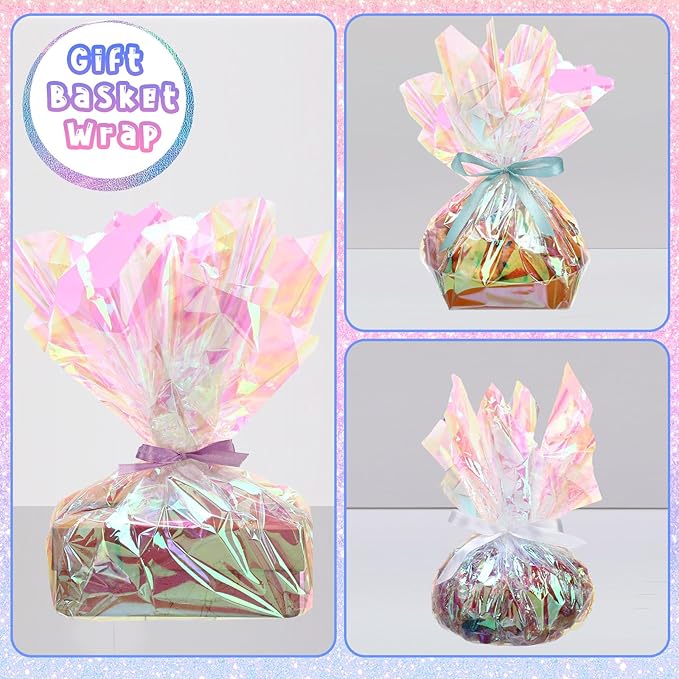 Seajan 32 in x 200 ft Iridescent Cellophane Wrap Roll, Rainbow Wrapping Paper Holographic Cellophane Wrap for Baskets Flower Bouquet DIY Treats Christmas Gifts Wrapping (Red Iridescent)