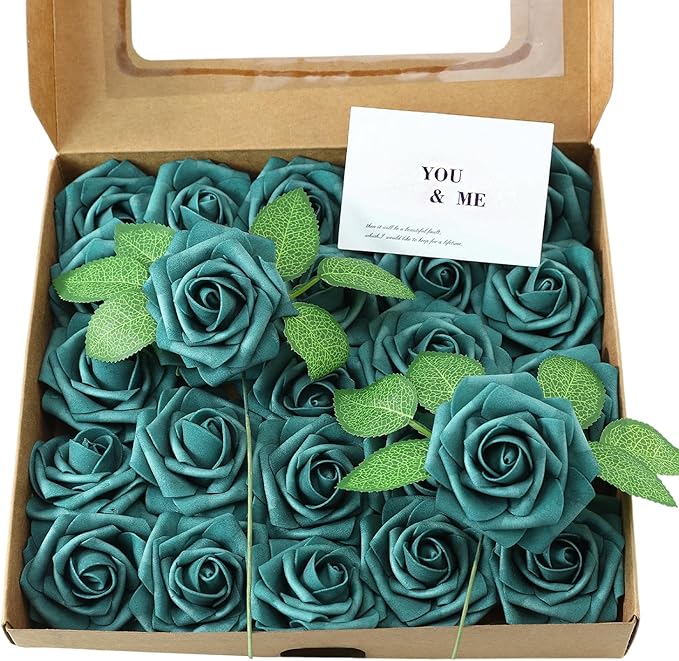 Meldel Artificial Flowers 50pcs Real Looking Peacock Green Foam Fake Roses with Stems for DIY Wedding Bouquets Bridal Shower Centerpieces Floral Arrangements Home Decorations Bulk Crafts Rose