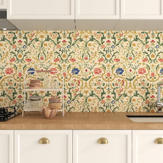 Vintage Peel and Stick Wallpaper Boho Yellow Floral Leaf Wallpaper Colorful Contact Paper 17.5in x 9.8ft Removable Self Adhesive Vinyl Waterproof Paper for Cabinet Bedroom Stairs Kitchen