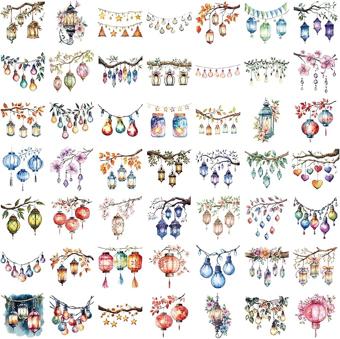 50PCS Watercolor String Light Stickers - Transparent PET Waterproof Lantern Decals for DIY Crafts, Journals, Bottles, Phone Cases