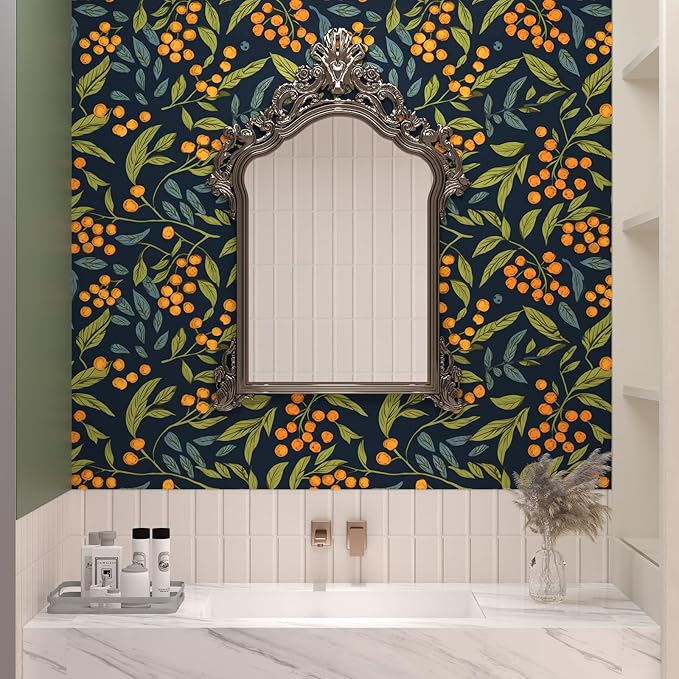 Dark Blue Wallpaper Peel and Stick Boho Leaf Contact Paper Floral Wall Paper Removable for Wall Counter Cabinet Renter Friendly 17.5 x 78.5In
