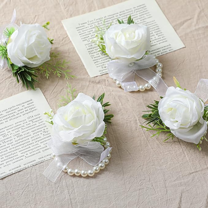 4pcs Wedding White Rose Wrist Flowers Artificial Rose Flowers for Ceremony Prom Party Accessories (4 Wrist Corsage White)