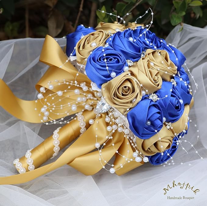 Bridal Wedding Bouquet Round Bling Brooch Bouquet Throw Toss Artificial Rose Flower Bunch for Bride Bridesmaid Wedding Quinceanera(Royal Blue & Gold, 7.5")