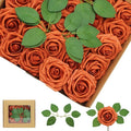 50PCS Artificial Flowers Burnt Orange Roses Real Looking Foam Fake Roses with Leaves and for DIY Wedding Bouquets Bridal Shower Centerpieces Party Decorations (Burnt Orange)