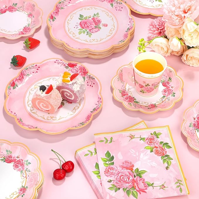 96 Pieces Floral Paper Tea Cups and Saucers 9 Oz Teacups with Handle 9 Inch and 7 Inch Paper Plates Saucers Napkins Disposable Tea Party Supplies Serve 24 for Wedding Baby Shower Party, Pink