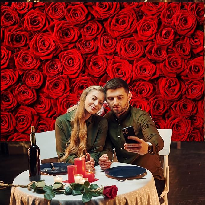 Avezano Valentine's Day Backdrop Rose Flower Wall Photo Background Red Rose Wedding Bridal Shower Photography Backdrop Mother's Day Birthday Party Dessert Table Banner (7x5ft)