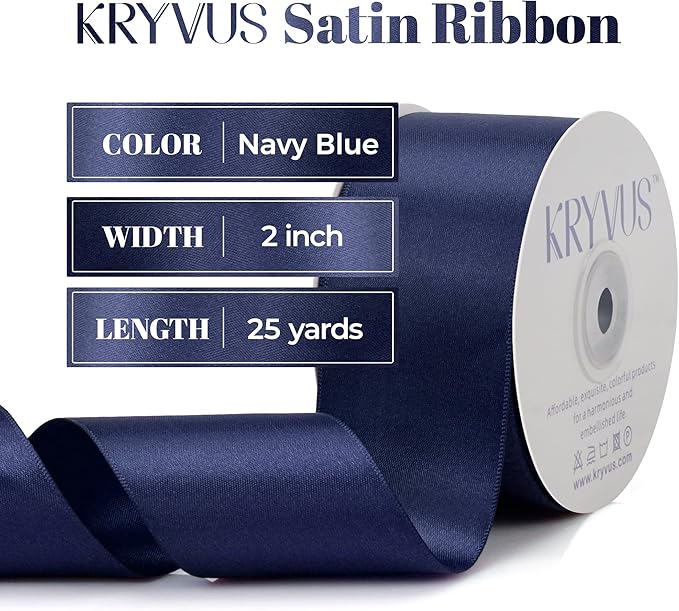 Navy Blue Satin Ribbon, Double Faced 2 Inch X 25 Yards Navy Blue Ribbon, Premium Satin Ribbon for Gift Wrapping, Crafts, Hair Bow Making, Sewing, Flower Bouquet, Wedding Party Decor