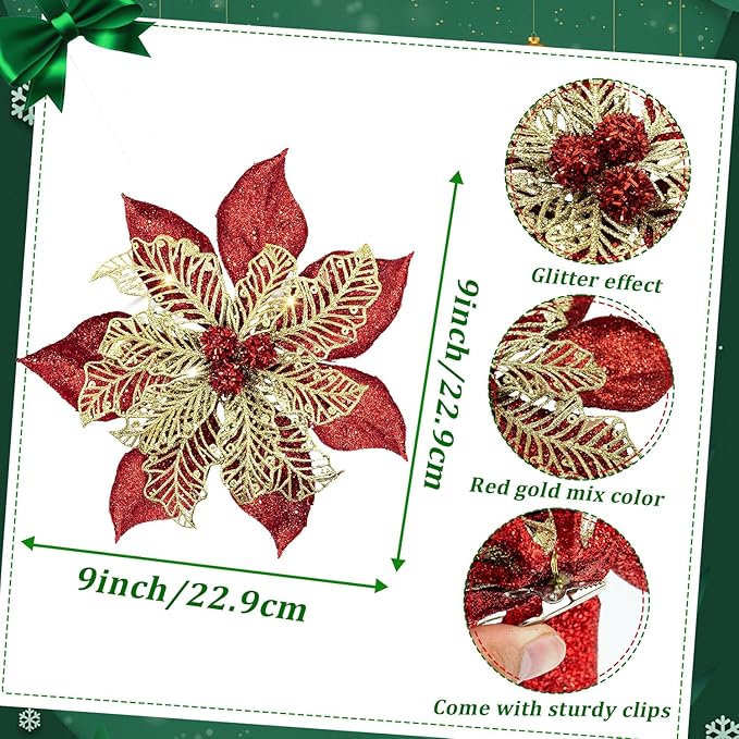 9'' Large Christmas Poinsettia Flowers, 4 Pcs Red Gold Glitter Artificial Christmas Tree Ornament Flowers Decorations with Clips for Xmas Tree Wreath Garland Wedding Party DIY Decor