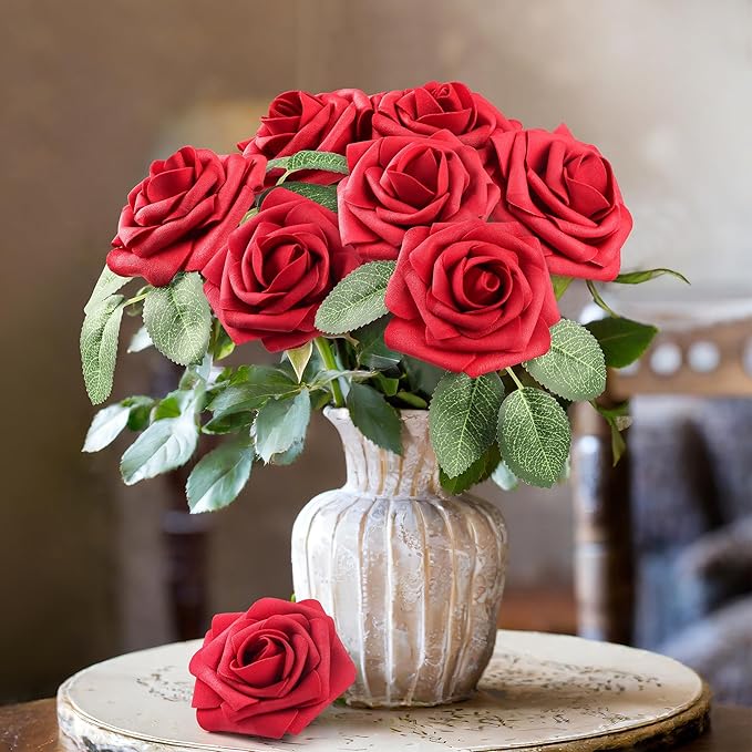 Mocoosy 50 Pcs Artificial Flowers Red Roses Bulk, Real Looking Fake Foam Roses with Stems DIY Wedding Bouquet Floral Arrangement Bride Shower Centerpieces Valentines Day Christmas Tree Decorations