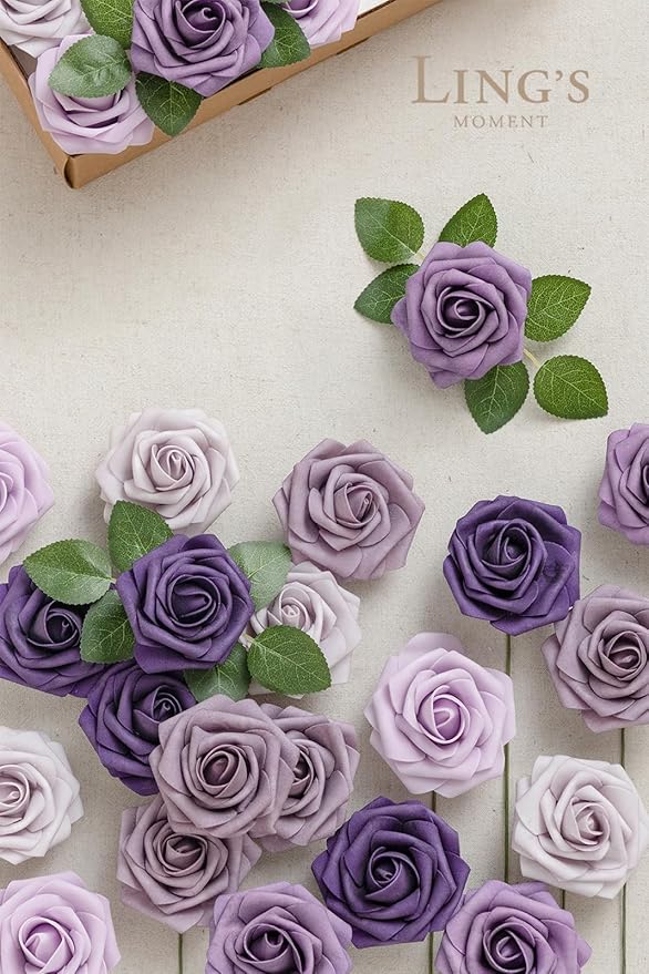 Ling's moment Artificial Flowers, 50Pcs 3" Roses in Purple Shades, Realistic DIY Foam Floral Decor for Wedding Bouquets/Centerpieces, Outdoor Party Backdrops, Room/Table, and Garden/Pot Decorations