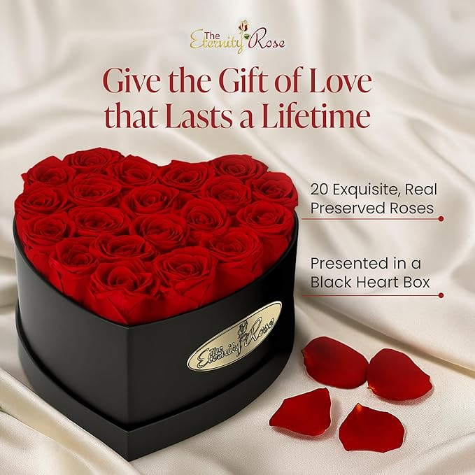 The Eternity Rose 20-Piece Preserved Roses in a Luxury Gift Box – Real Roses in Black Heart Box – A Valentine’s Gift as Everlasting as Your Love