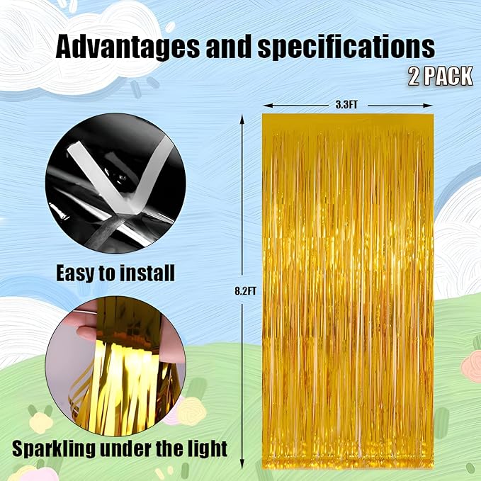 Keyali 2 Pack 3.3 * 8.3 ft Foil Curtain Metallic Tinsel Fringe Curtains Photo Booth Props Backdrop for Birthday Wedding Engagement Baby Shower Christmas Holiday Celebration Partyl,Gold