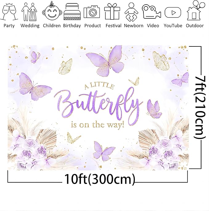 Mocsicka Butterfly Baby Shower Backdrop for Girl's A Little Butterfly is on The Way Pink Florals Flowers Photography Background Princess Girl Party Decoration Photography Props (10x7ft, Purple)