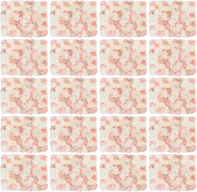 20 PCS Flower Wall Panels, 3D Rose Hydrangea Floral Wall Background Silk Flowers Panel Decoration, 23.6x15.7inch Artificial Flower Backdrop for Wedding, Party, Anniversary