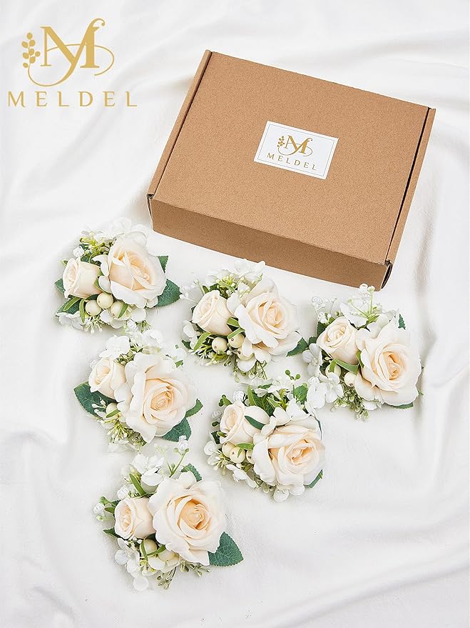 Meldel Champagne Pocket Boutonniere for Men Wedding,Set of 6,Groom Groomsman Boutonnieres Artificial Rose Hydrangea Berry Corsage for Prom Ceremony Party Homecoming