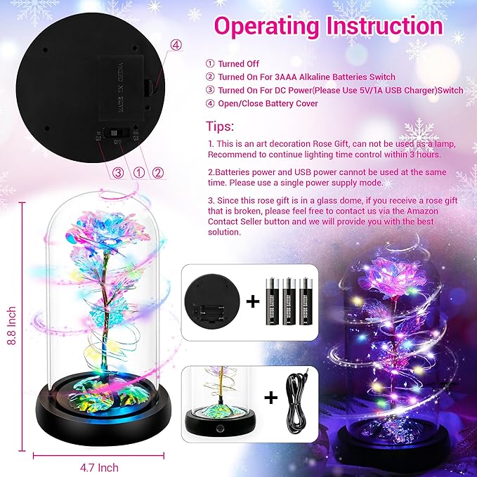 Childom Christmas Rose Gifts for Women,Birthday Gifts for Women Mom Christmas,Flowers for Delivery Prime,Rotating Colorful Light Up Rose in A Glass Dome,Anniversary Rose Gift for Her Valentines Day