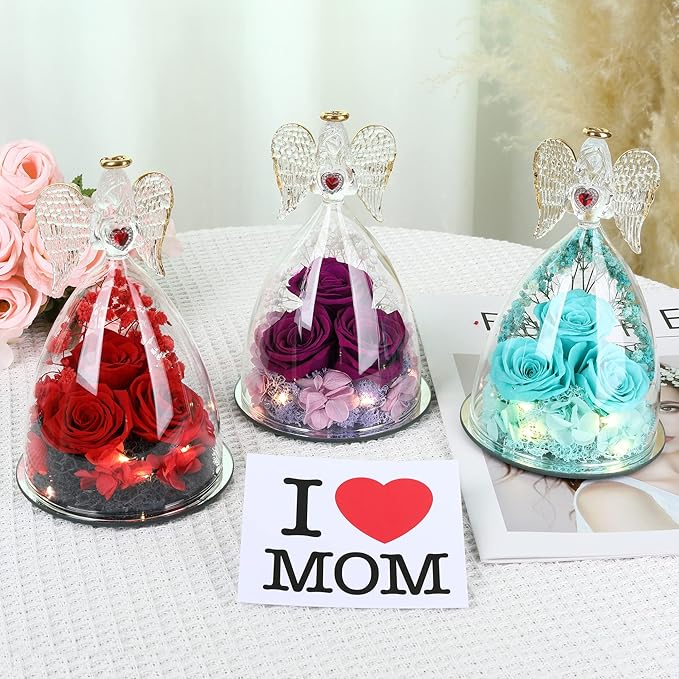 Mothers Day Rose Gifts for Women, Large Angel Figurines with Real Roses, Preserved Real Flower Rose for Her - Aqua Blue