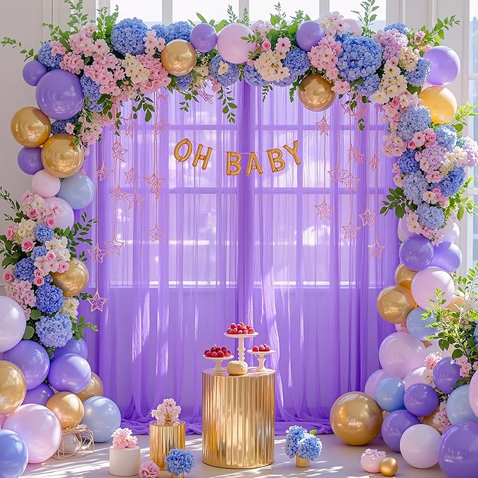 Purple Sheer Backdrop Curtain for Baby Shower Girls Birthday Party 10ft X 10 ft, 2 Panels Purple Tulle Backdrop Curtains Drapes for Wedding Photoshoot Background Decorations