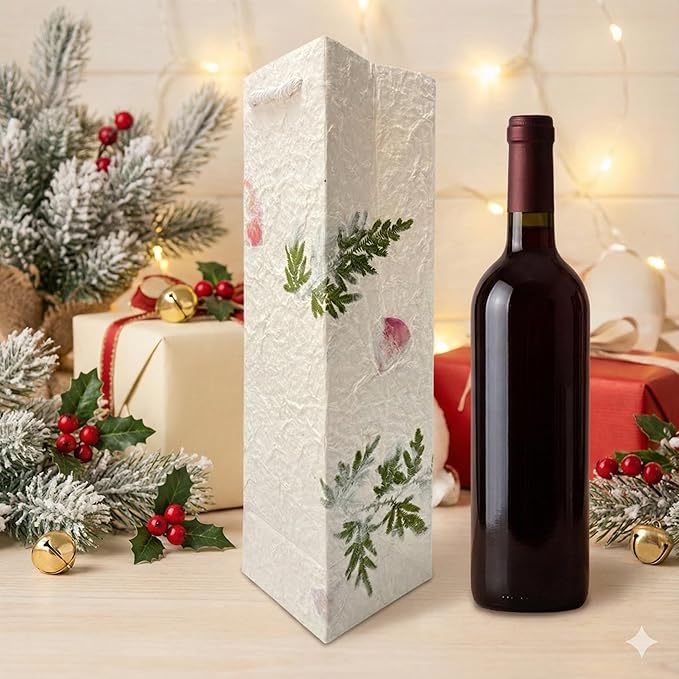 Paperry 14" Wine Gift Bag, Handmade Mulberry Paper, Multiple Design, Kozo Paper Bag, Reusable, Eco-Friendly, Single Pack (Red)