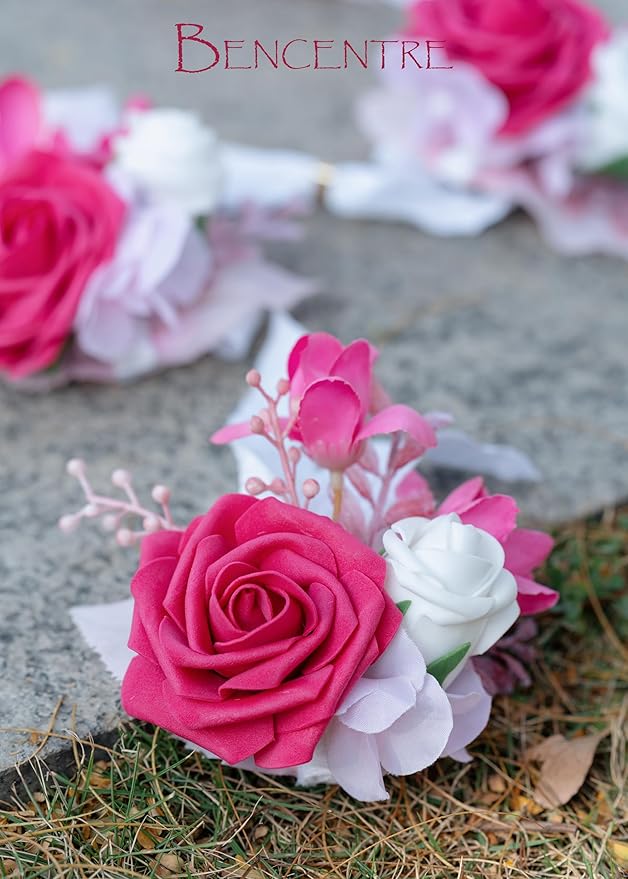 Hot Pink Wrist Corsage for Wedding(Set of 6), Wrist corsages for Prom,Party Prom Hand Flower Decor,Mother of The Bride Corsage,Bridesmaid Wrist Corsage