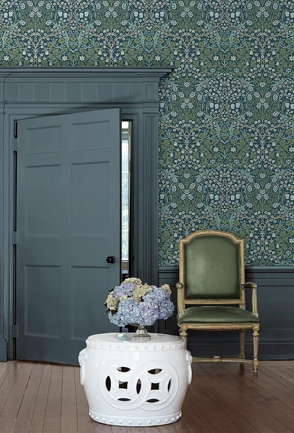 NextWall Seabrook Designs Victorian Garden Floral Vintage Prepasted Wallpaper (Prussian Blue & Moss Green)