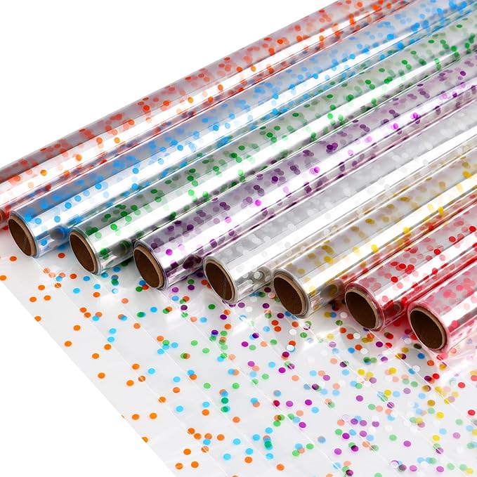 CMFYHM 8 Rolls clear Cellophane Wrap Roll (34 in x 16.4 ft x 8 Colors) Gift Baskets Wrap Roll,Extra Wide Transparent Polka Dots Cellophane Wrapping for Gift Baskets,Flowers, Candies, DIY Craft,Baby Shower, Easter,Halloween,Christmas